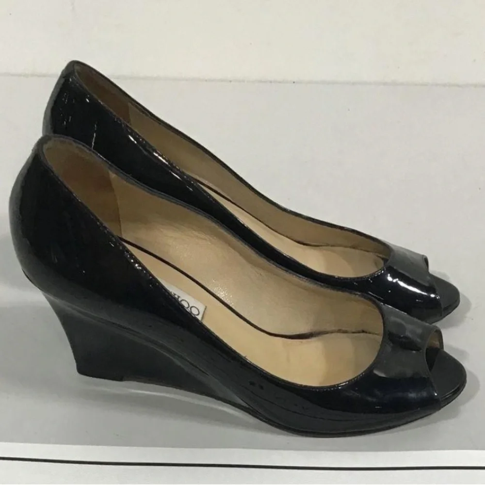 Women’s Jimmy Choo Black Patent Wedge Peep-Toe Shoes Size 38.5